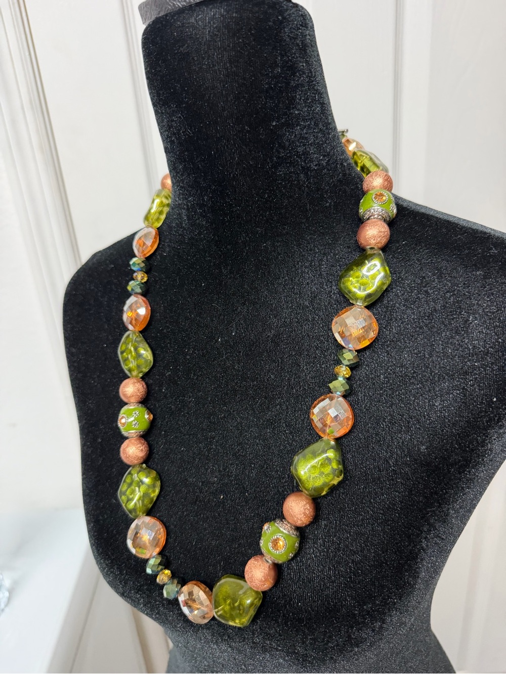 Vintage Olive Green and Copper Beaded Statement Necklace